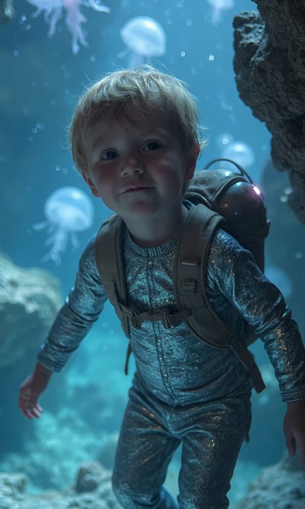 Child looking at jellyfish in underwater scene