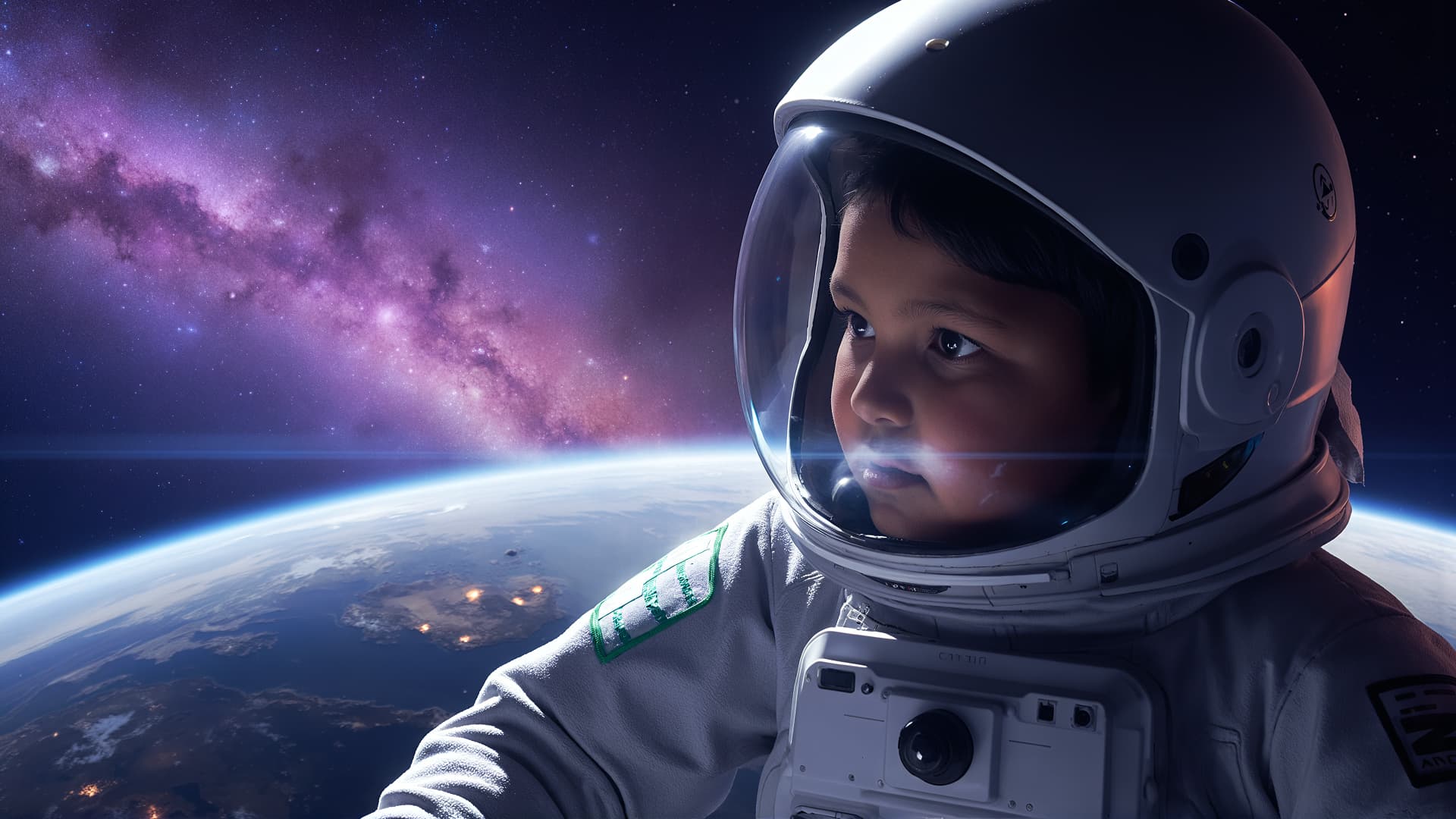 Young astronaut looking at space with Earth and galaxy in the background