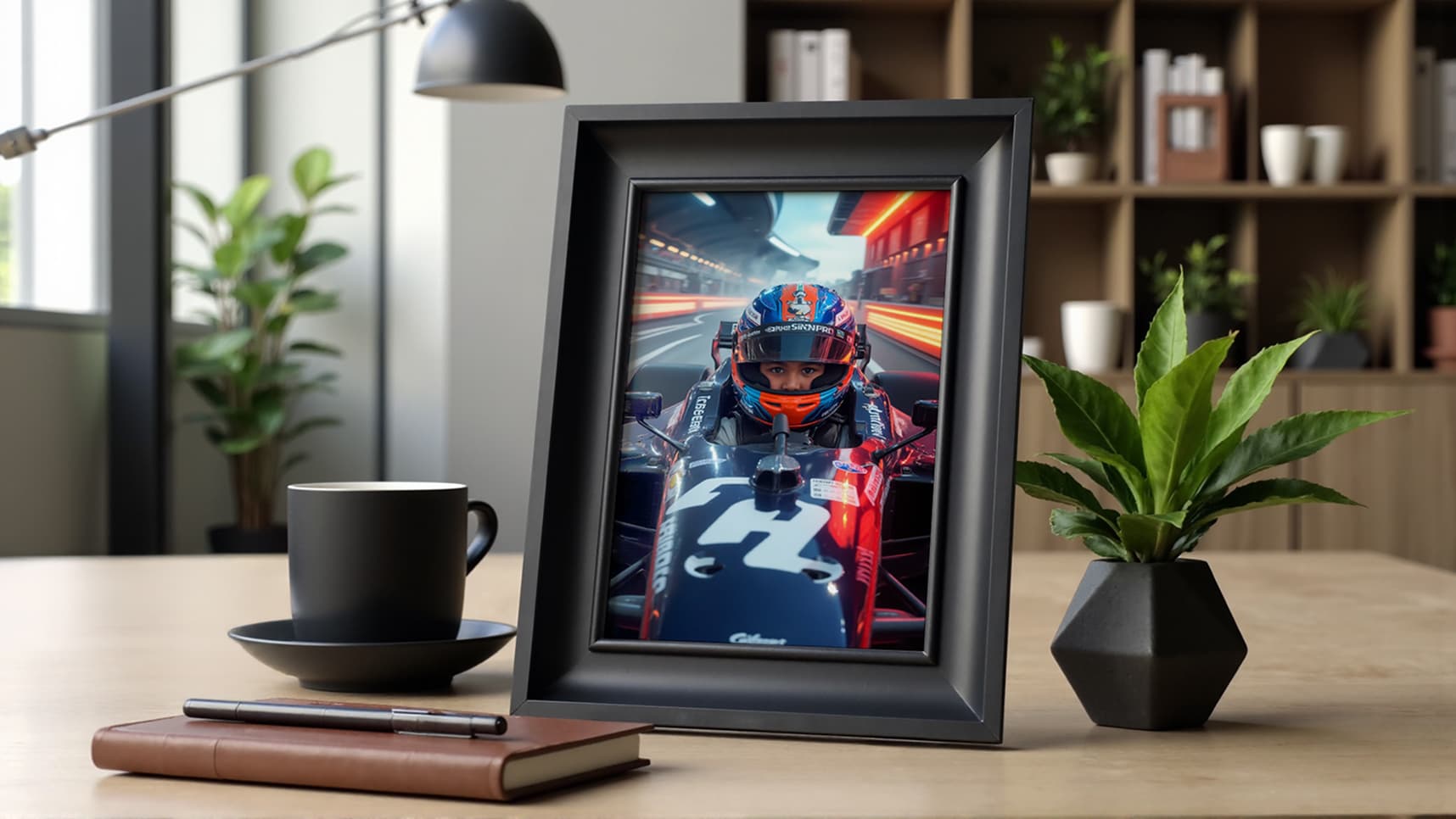 Framed racing driver photo