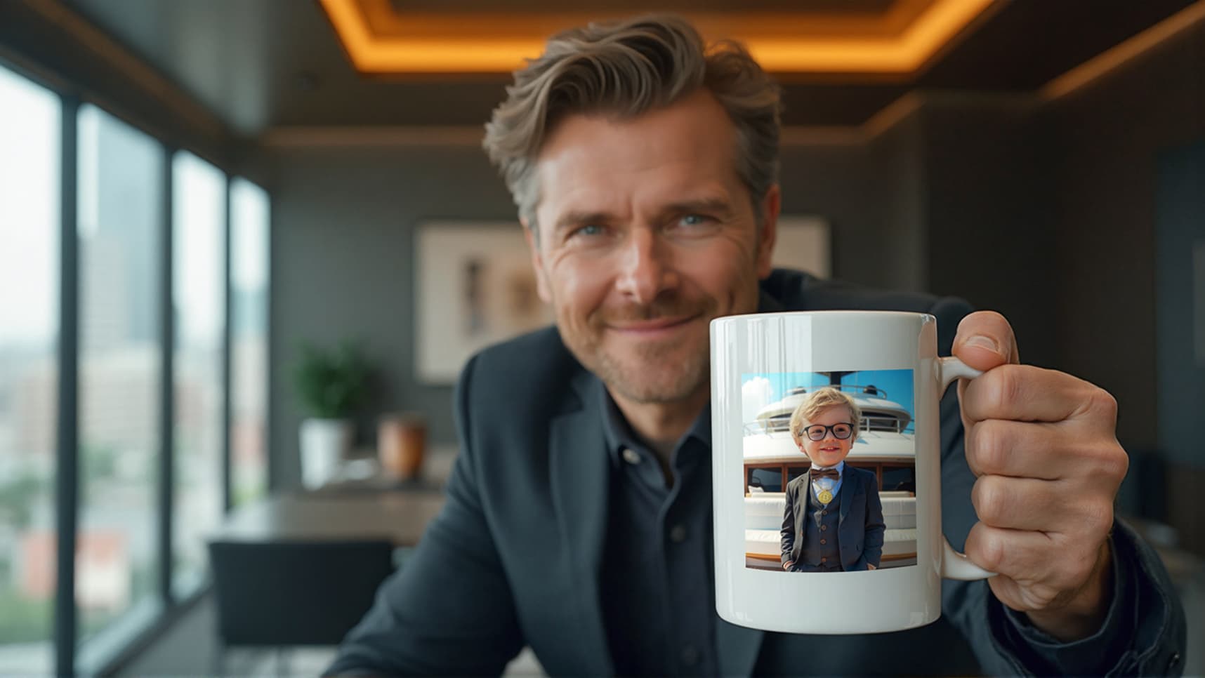 Man holding mug with photo