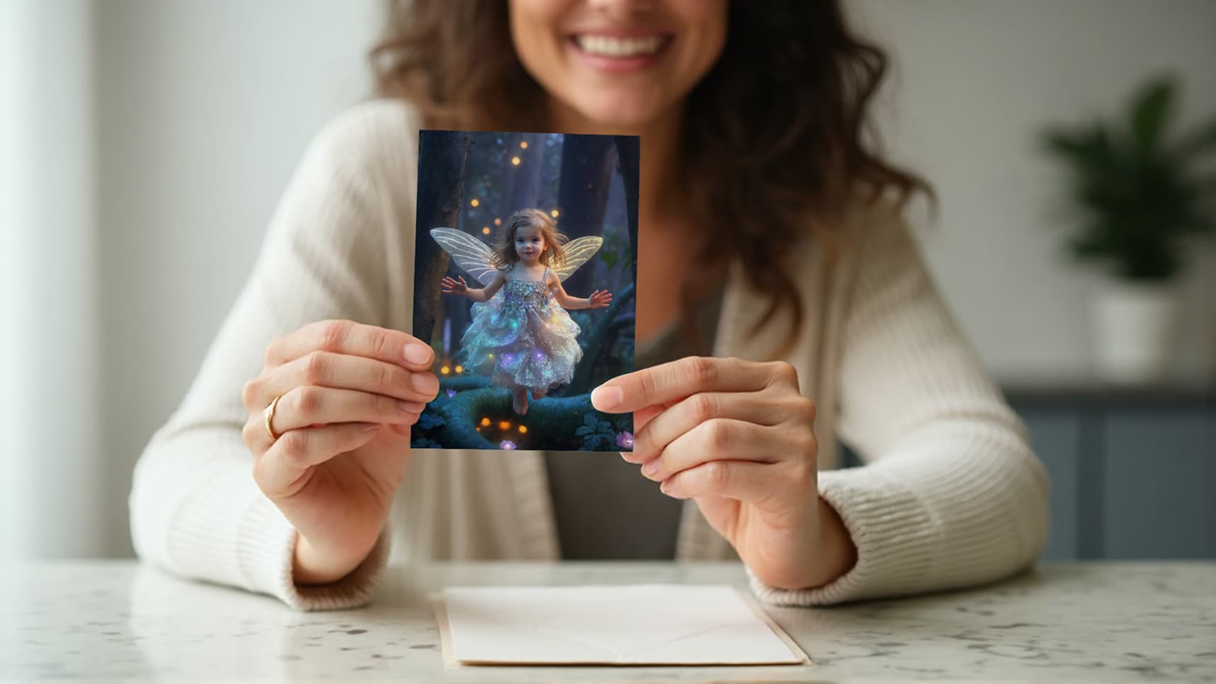Woman holding fairy photo card