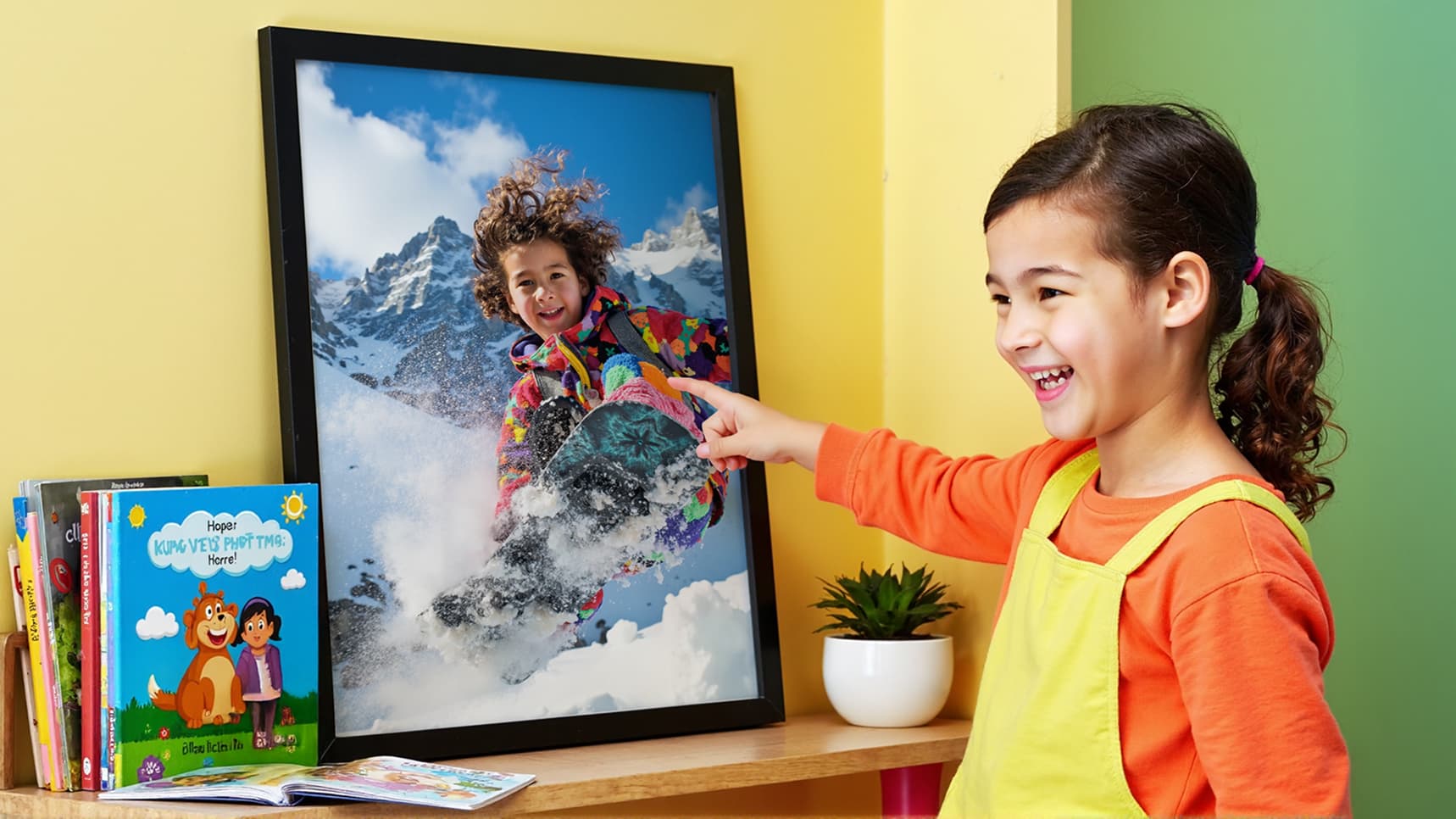 Child pointing at framed snowboarding photo